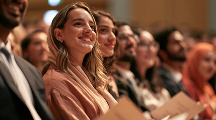Obraz premium Smiling diverse audience at celebration event with applause and speech during a multicultural convention meeting