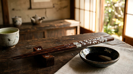 Obraz premium Ornately Decorated Wooden Chopsticks Resting Beside a Dark Soy Sauce Bowl on a Rustic Table