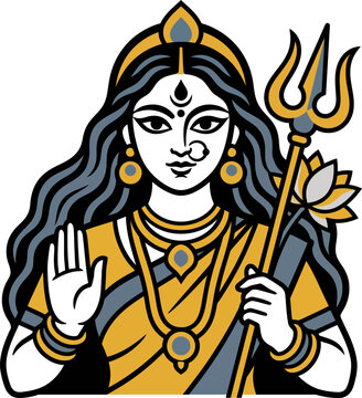 Stylized Illustration of Hindu Goddess Durga with Trident and Lotus