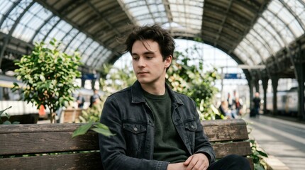 Fototapeta premium Pensive young traveler sitting on a wooden bench at a historic railway station platform, waiting for a train departure during a solo travel journey