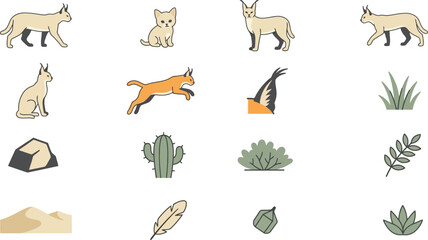 Minimal Japanese-inspired caracal vector icon set featuring wild cat poses, desert flora, and natural textures © KhadizaAkter