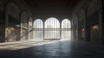 Naklejka premium Grand Hall with Arched Windows and Sunlight Beams.