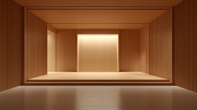 Minimalist interior architectural space with warm lighting and clean lines.