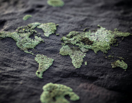 overhead macro of pale green lichen growing on granite, naturally creating continent-like abstract patterns with  organic textures.