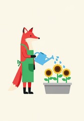 Fototapeta premium Cute Cartoon Red Fox in Green Apron Watering Sunflowers in a Pot - Flat Vector Illustration for Gardening and Nature Themes