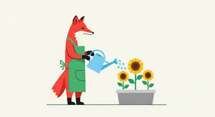 Fototapeta premium Cute Cartoon Fox Gardener Wearing Apron Watering Sunflowers in a Pot Illustration