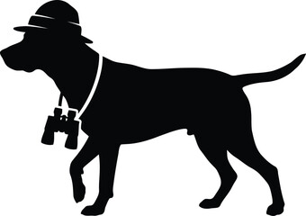 Silhouette dog explorer wearing hat and binoculars, walking, curious animal, black isolated on white, adventure concept, safari theme. © Vector Designer