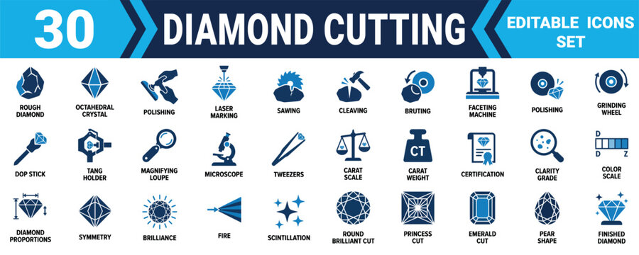 Set of thirty professional diamond cutting and jewelry processing icons for industrial design projects Minimal solid fill icon set bundle collection. Editable Vector Illustration Mega pack