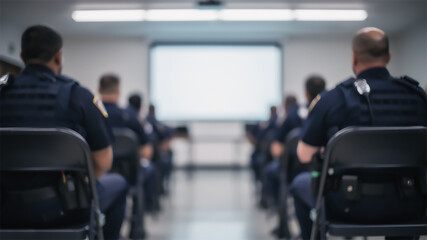 Fototapeta premium Blurred image of police officers in uniform attending a briefing in front of a presentation screen