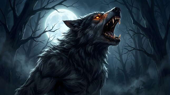 A fierce snarling wolf standing in a dark misty forest under the light of a full moon