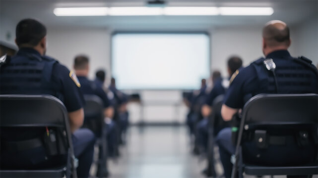 Blurred image of police officers in uniform attending a briefing in front of a presentation screen
