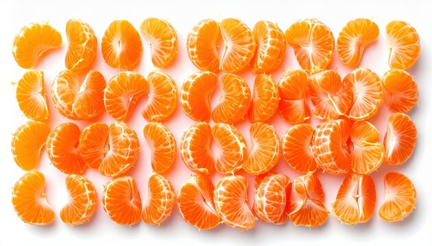 Peeled mandarin segments arranged naturally, isolated on white