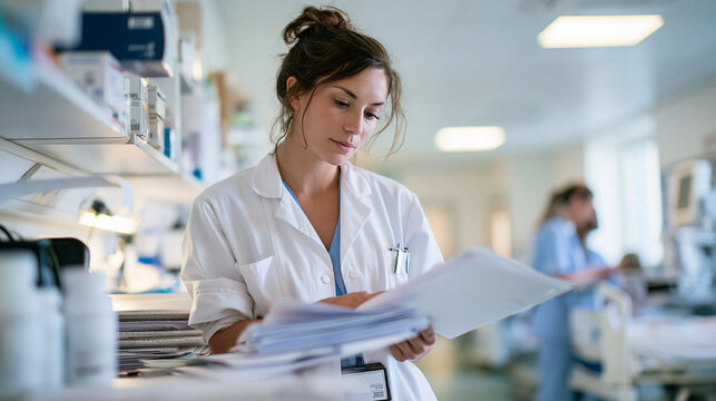 Nurse and doctor reviewing medical records and paperwork at hospital nurses station during patient care teamwork