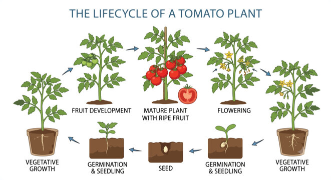 Educational vector infographic diagram illustrating the complete lifecycle of a tomato plant, featuring detailed stages of growth from seed germination and seedling to vegetative growth, flowering, an