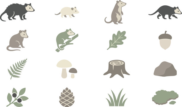 Minimalist vector set of North American opossums and forest nature elements in a soft muted color palette style