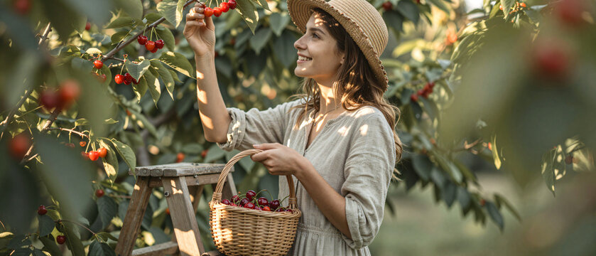 Smiling young woman holding basket while picking cherries