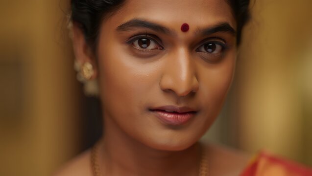 Elegant South Asian woman with red bindi and traditional jewelry in warm close-up portrait, ideal for Indian beauty, cultural celebration, fashion and skincare campaigns