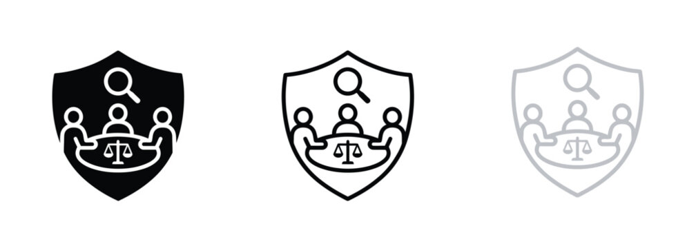 Three shield icons with magnifying glass and scales illustration