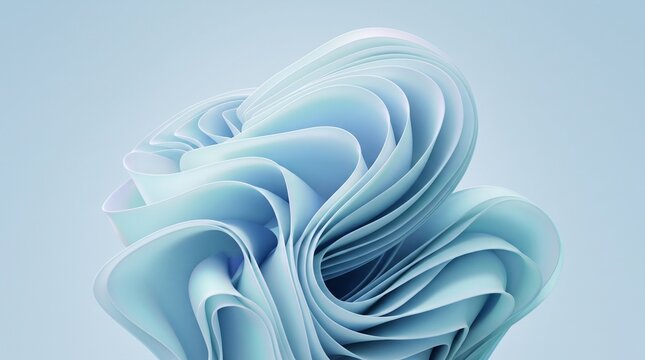 A minimalist abstract image featuring smooth, sweeping layers of pale ice-blue material folded into fluid, organic curves resembling flower petals or ribbon loops. Soft, diffused studio lighting accen