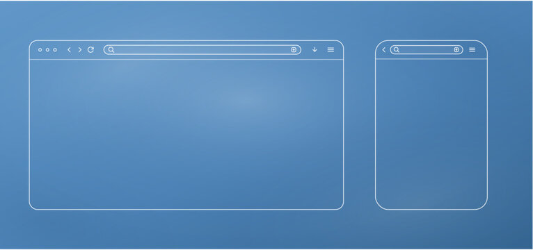 outline browser window frames on blue. thin line webpage layout for desktop and mobile. wireframe search bar screens pair. minimal linear web template design
