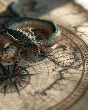 Vintage antique map with ornate dragon illustration, compass and scroll for sea navigation exploration and treasure fantasy