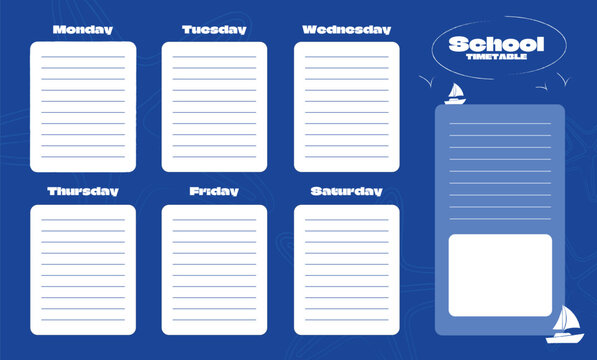 Nautical theme school timetable template with weekly planner and notes section on blue background