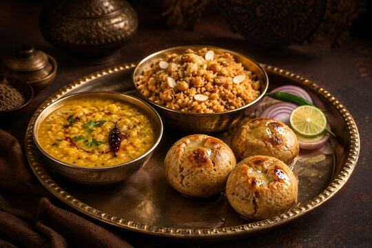 Rajasthani dal baati churma plated with contemporary elegance  melted ghee and rustic textures  dark desert-toned background