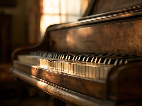 Close-up of vintage wooden piano keys in warm light, handcrafted interior design with serene classical elegance