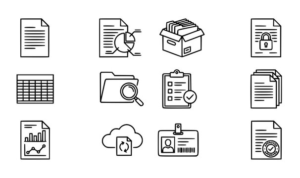 Corporate documents vector icons set with editable line stroke office file archive and business report symbols