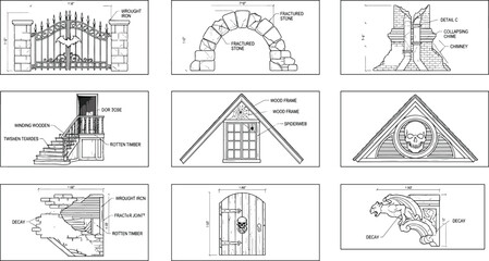 Gothic haunted mansion architectural elements vector line art blueprint set © MstShefaly