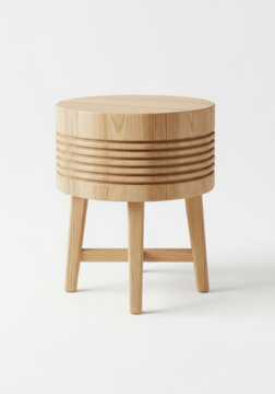 A minimalist circular wooden side table featuring horizontal grooved textures and three tapered sturdy legs