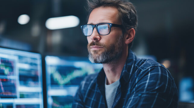 Bearded businessman wearing glasses studies multiple financial trading screens displaying stock market charts in a dark office.