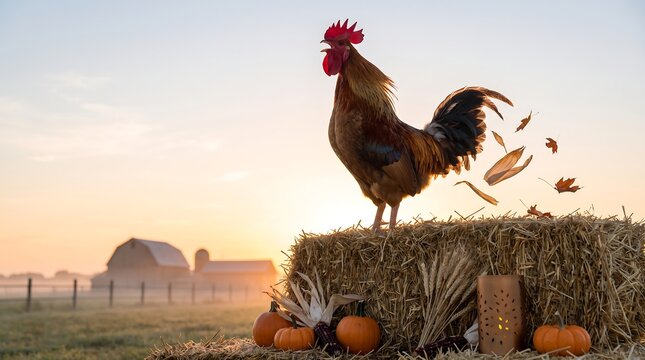 A rooster standing on a large hay bale at sunrise on a farm with pumpkins, wheat, and autumn leaves blowing in the wind in the background