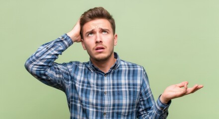 Fototapeta premium Confused Young Man Scratching Head and Looking Up with Puzzled Expression on Green Background