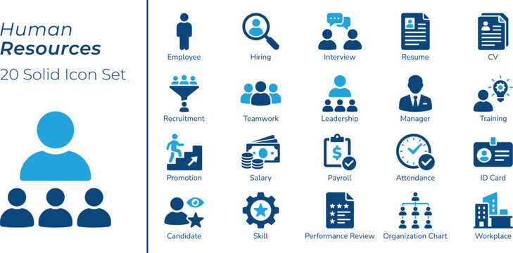 Human Resources Icon Set, Employee, Hiring, Recruitment, Teamwork, Leadership, Payroll, Performance Review, Organization Chart, Solid Vector Icons