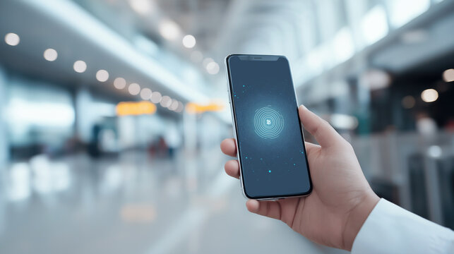 A hand holds a smartphone displaying a biometric payment graphic inside a bright blurred airport terminal background.