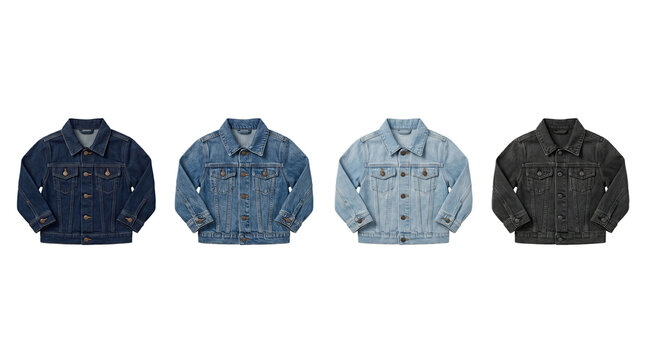 Set of four different classic denim jackets isolated on white background high quality 4K PNG image in white background