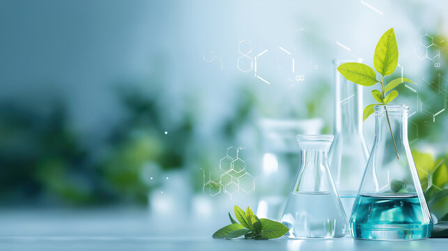 Chemistry laboratory scene with glass flasks, fresh green leaves, and molecular diagrams representing natural science and eco friendly research.