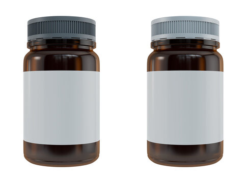 3D Render of Two Blank Amber Glass Medicine Bottles with Grey Caps for Pharmaceutical Packaging Mockups.