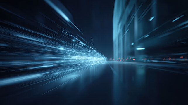 Abstract light streaks racing through a dark city street at night, symbolizing speed, technology, and digital data transfer motion.