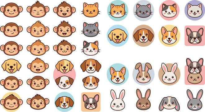 Large Vector Collection of Cute Animal Avatar Icons Comparing Kawaii Monkey Faces Cat Expressions Dog Breeds and Bunny Doodles for Profile User Interfaces