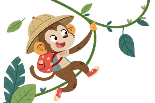 Cute cartoon monkey wearing hat and backpack swinging on branch
