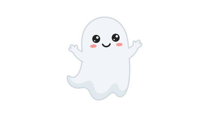 Naklejka premium Cute cartoon ghost with rosy cheeks and a happy expression floats with arms raised, conveying a friendly and playful Halloween spirit.