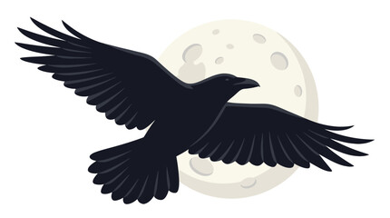 Naklejka premium Black crow with outstretched wings flies across a full moon in a stylized, dark, and mysterious illustration.