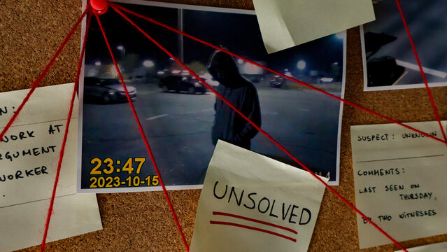 Cork board displaying crime scene investigation elements including surveillance footage of a hooded suspect. Connected by red thread and marked with an unsolved sticky note