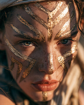 Female model close up with tribal face paint and striking golden makeup in natural light boho beauty portrait