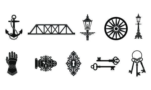 Vintage Gothic Object and Antique Ironwork Silhouette Vector Set