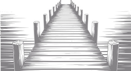 Dibujo a mano en blanco y negro de un muelle de madera que se extiende a lo lejos sobre la superficie del agua en calma © Stock Soul