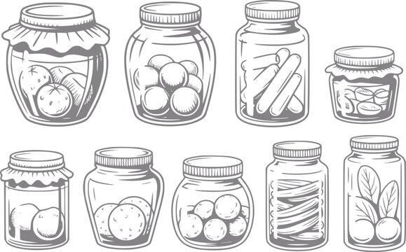 Colecci&oacute;n de frascos de vidrio dibujados a mano llenos de diversas frutas, verduras y alimentos en conserva
