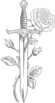 Detalle en blanco y negro de una espada medieval afilada entrelazada con una rosa en flor